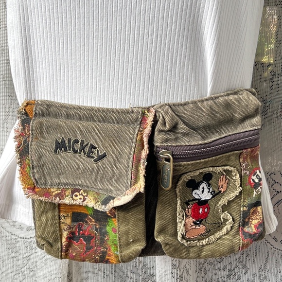 Disney Waist Bag Cotton Canvas Green Patchwork Mickey Back Zipper Travel RUZ - Picture 3 of 7